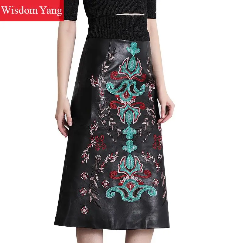 Lederen Rokken vrouwen Hoge Taille Midi Black Borduren Rokken Vrouw Bodycon Vintage Party Sexy Dames A-lijn Zonnejurk