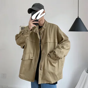

Autumn New Tooling Jacket Men Fashion Retro Solid Color Casual Stand Collar Jacket Man Streetwear Hip Hop Loose Bomber Jacket