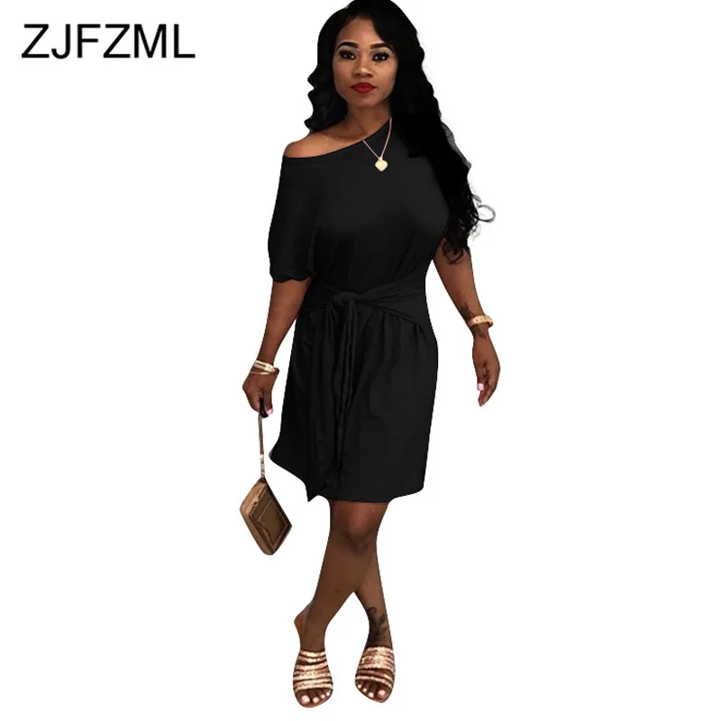 

Off Shoulder Sexy Shirt Dress Women Obblique Shoulder Waist Tie Up Plus Size Dress Summer Short Sleeve Loose Causal Mini Dress