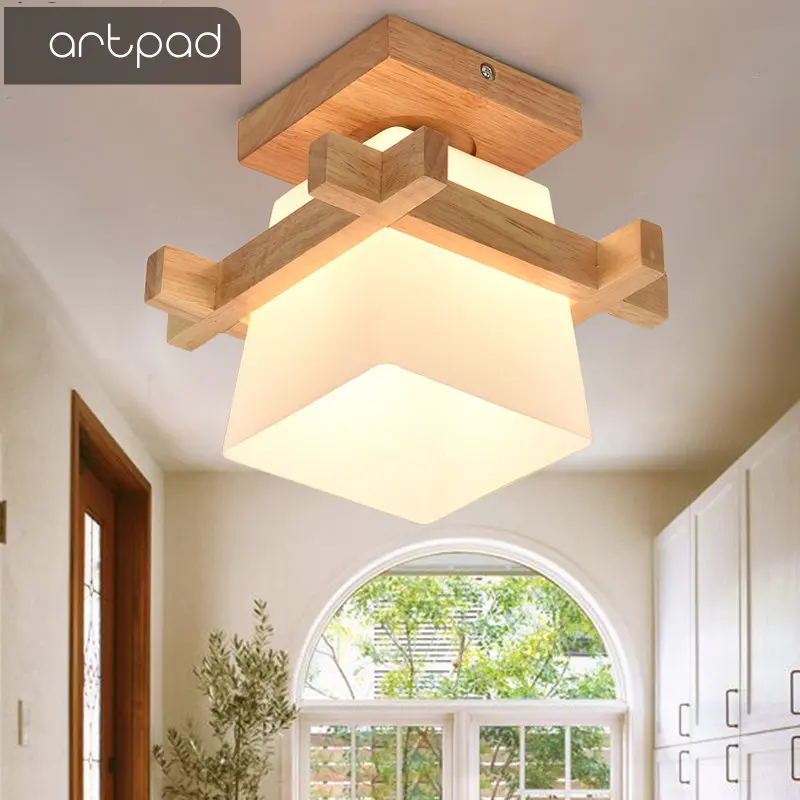 Günstige Artpad Tatami Japanischen Decke Licht für Home Beleuchtung Glas Lampenschirm E27 LED Decke Lampe Holz Basis Flure Veranda Leuchten