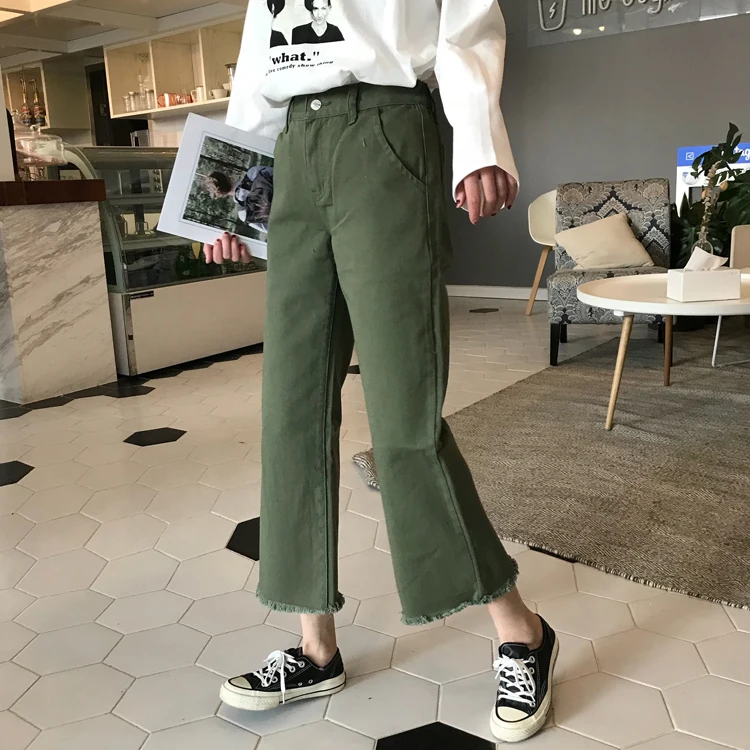 

2019 autumn female students preppy style black wide leg elastic waist burrs ankle-length jeans women casual trousers