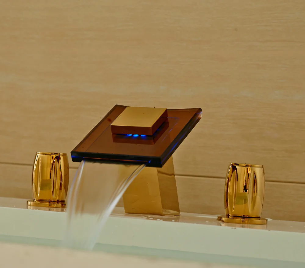 Widesprad 3 Holes Bathroom Sink Faucet LED Light Glass Spout Mixer Tap