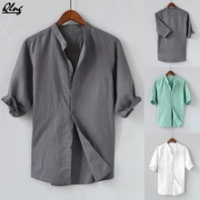 Летняя Мужская дышащая сплошного цвета с кнопками, хлопковая рубашка с рукавами с пятью точками