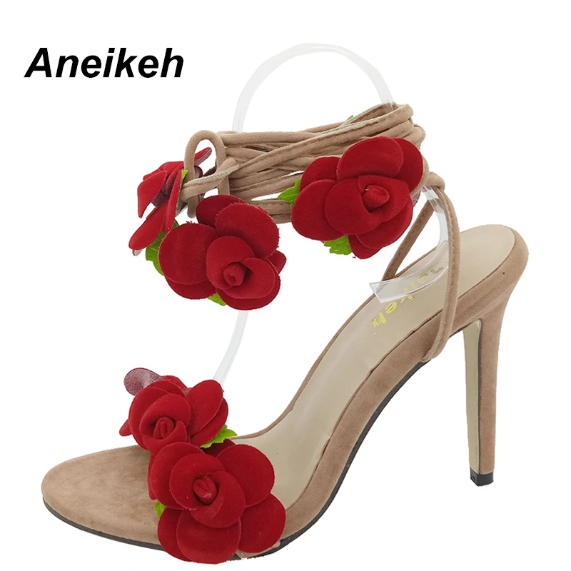 Aneikeh Red Flower Women Shoes Lace Up Summer High Heels Shoes Wedding Party Women Pumps Zapatos Mujer Size 4~9 D-558-10#