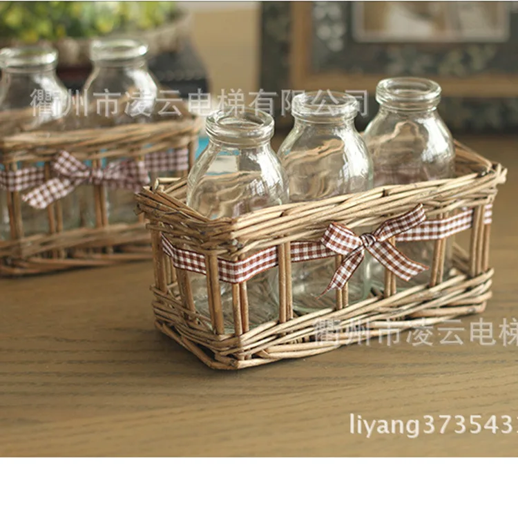 American Country Retro Nostalgia Rattan Cane Bottles Glass Vase Home Decoration 3 Sets Wholesale