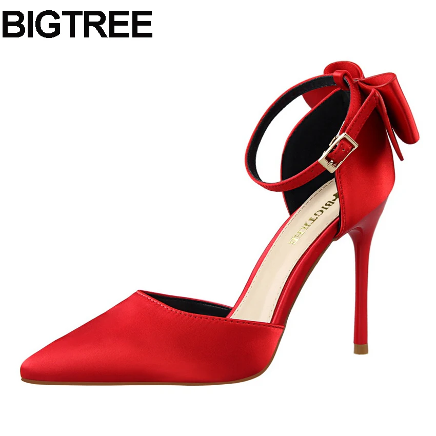 

BIGTREE Office Lady Pointy Toe Bow Shoes Satin Ankle Strap Buckle High Heels Stilettos Bowtie Bow Knot Women Pumps Thin Heels