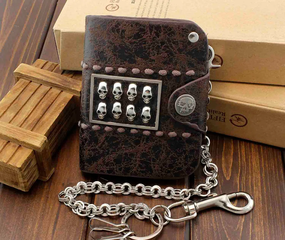 Mens Vintage Skull Bifold Snap Leather Chain Wallet Biker Deathrock