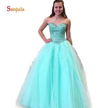 

Turquoise Tulle Puffy Quinceanera Dresses 2019 Sweetheart Dazzling Beaded Appliques Girls Pageant Party Dresses vestido 15 D850