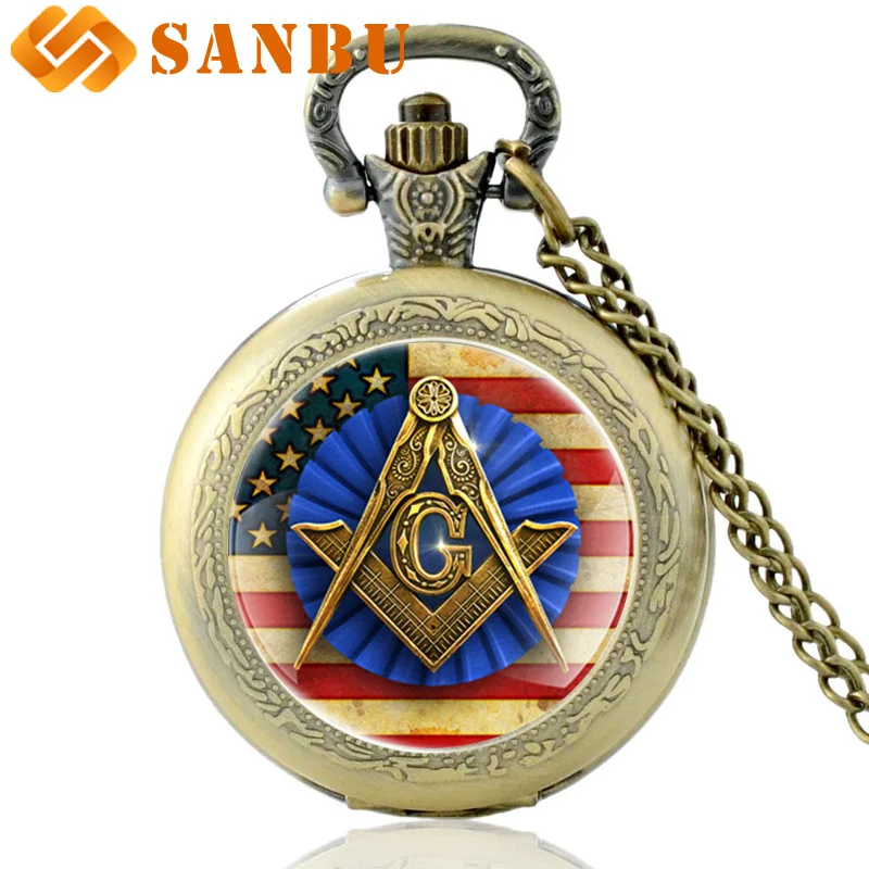 Ретро Американский Флаг масонских кварцевые карманные часы Винтаж бронза унисекс подвес, ожерелье часы
