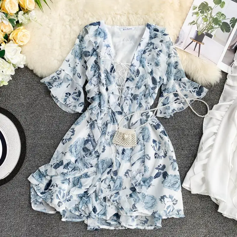 

Summer Dress 2019 New V Collar Ruffle Short Flare Sleeve Ruffle Print Casual Vestidos De Fiesta G979
