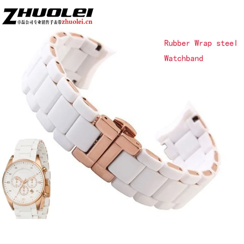 

20mm 23mm Watchbands White Rubber silicone wrap Rose-gold Stainless Steel Watch Strap Bracelet for Ar5919 Ar5920 Accessories