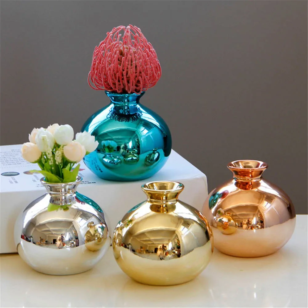 

European Electroplating Ceramic Vase Golden Rose Gold and Blue Gold Flower Arrangement Containers Home Decoration Ornaments