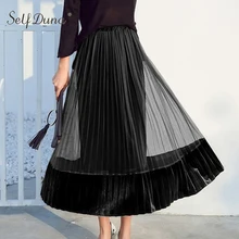 Само Duna осень зима женские длинные тюлевые Юбки Высокая талия бархатная юбка зеленая Элегантная Дамская винтажная сетчатая Макси плиссированная юбка