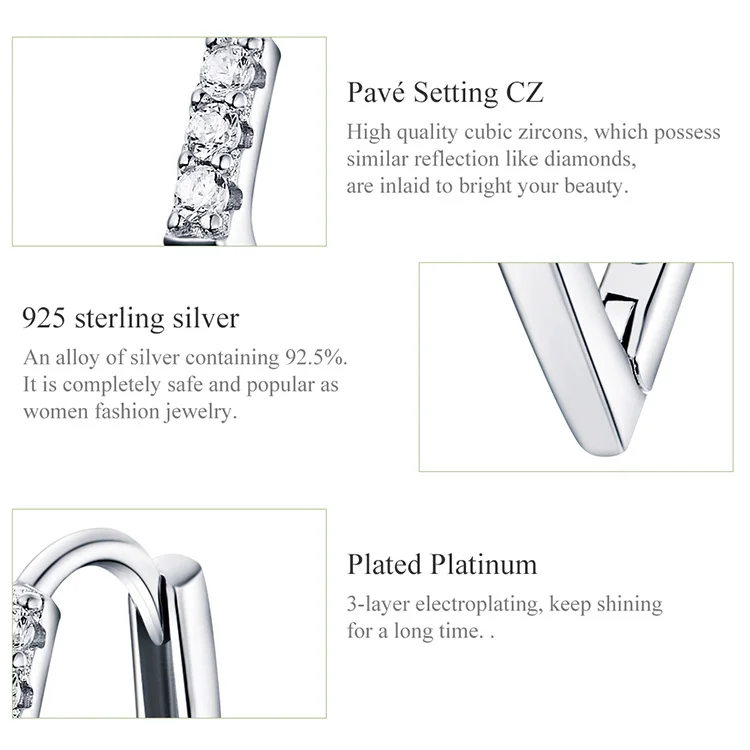 Bamoer, v-образная форма, серьги-кольца, хип-хоп, серебряные серьги для женщин и мужчин, подлинные, 925 пробы, серебряные, в стиле панк, модные ювелирные изделия, BSE162