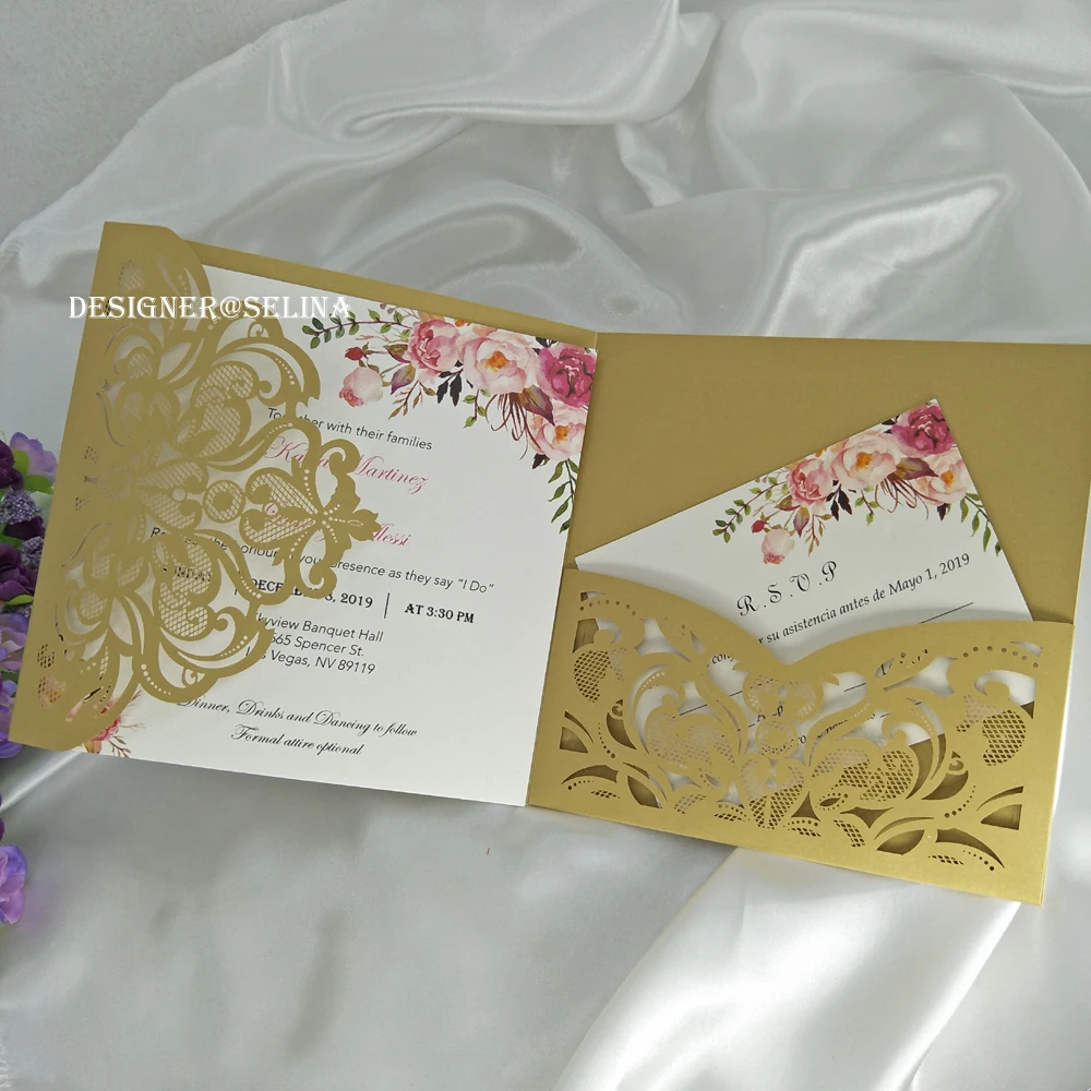 

Luxurious Gold Shimmy Laser Cut Pocket Quinceanera Invitation with RSVP Card Invitations For Wedding Birthday Engagement