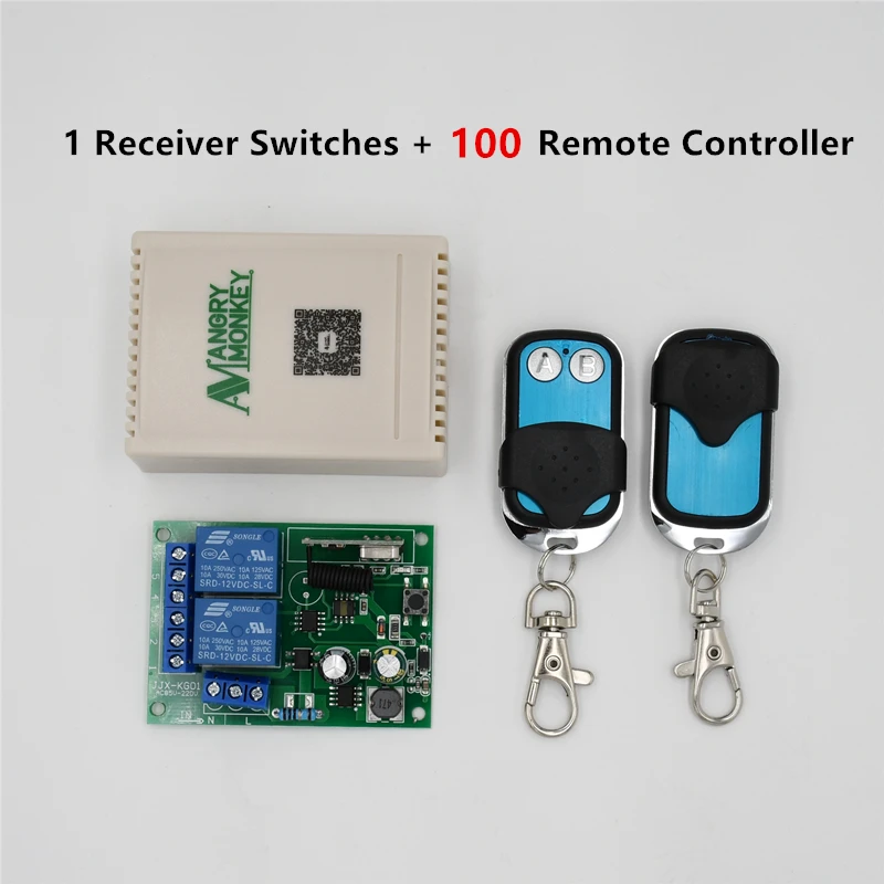 

433Mhz AC 250V 110V 220V 2CH Relay Receiver Module and 100 pieces RF Fixed code Remote Controls Suitable for parking lots etc.
