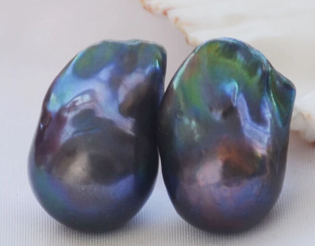 

Hot sale Free Shipping>>>>>Huge 20mm BAROQUE Peacock Black Keshi Reborn PEARL EARRING 14k