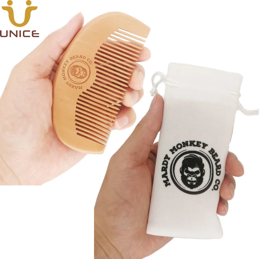 

MOQ 100 PCS Wooden Combs with White Pouch Bag Customized Hair Beard Barber Shop Printing LOGO