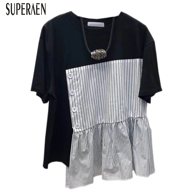 

SuperAen Irregular Women's T Shirt Wild Cotton Casual Fashion Striped Stitching Ladies T Shirts Short-sleeved Summer New 2019