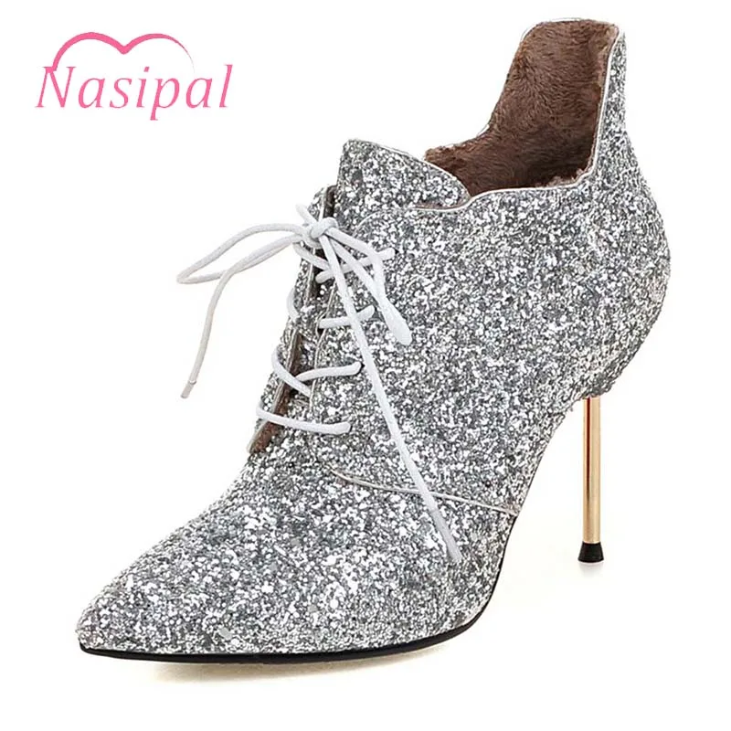 

Nasipal Large Size 43 Bling Glitter Thin High Heels Woman Shoes Sexy Sliver Black Gold Party Ankle Boots Pointed Toe Footwears