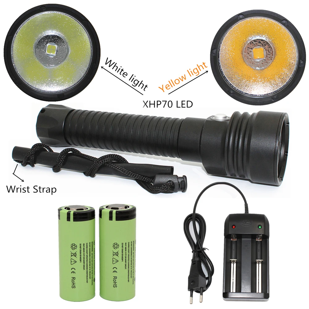  Scuba flashlight XHP70 / XHP70.2 LED waterproof diving flashlight dive light 4000LM white/yellow li - 32840358434