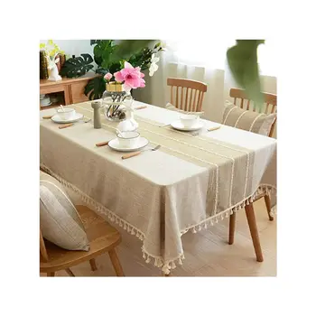 

140 x 200 Decoration Elegant Cotton Linen Table Cloth With Tassel Edge Dust-proof Washable Kitchen Table Cover for Dining Table