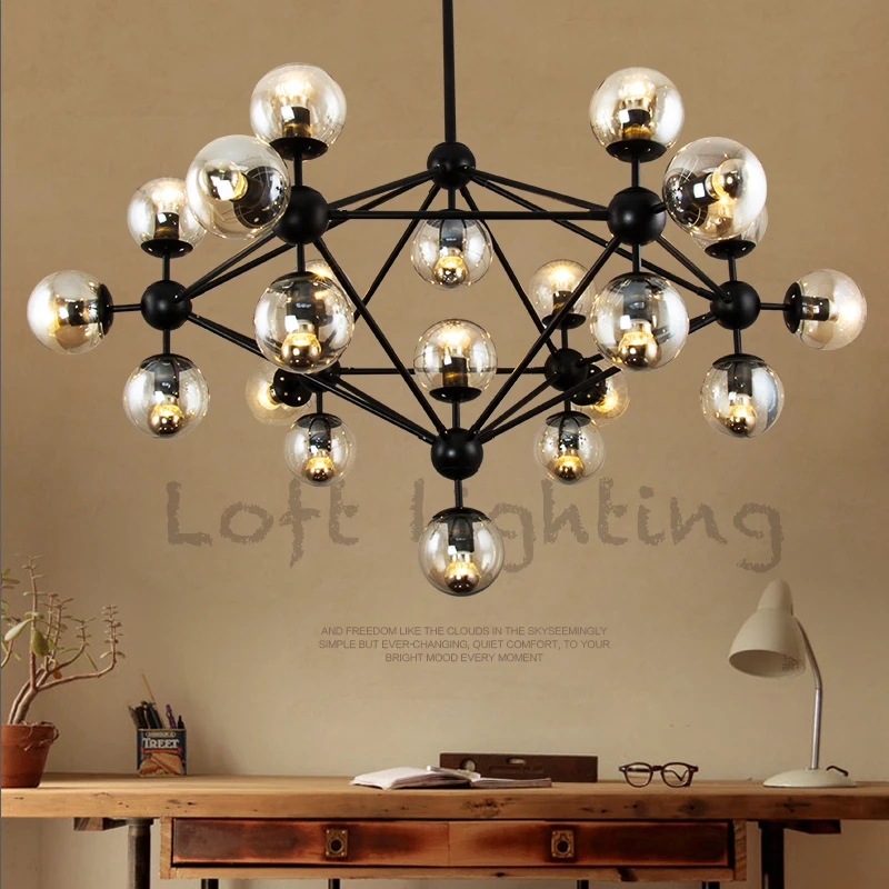 Postmodern magic bean glass black chandelier American wrought iron glass ball personality round restaurant living room chandelie