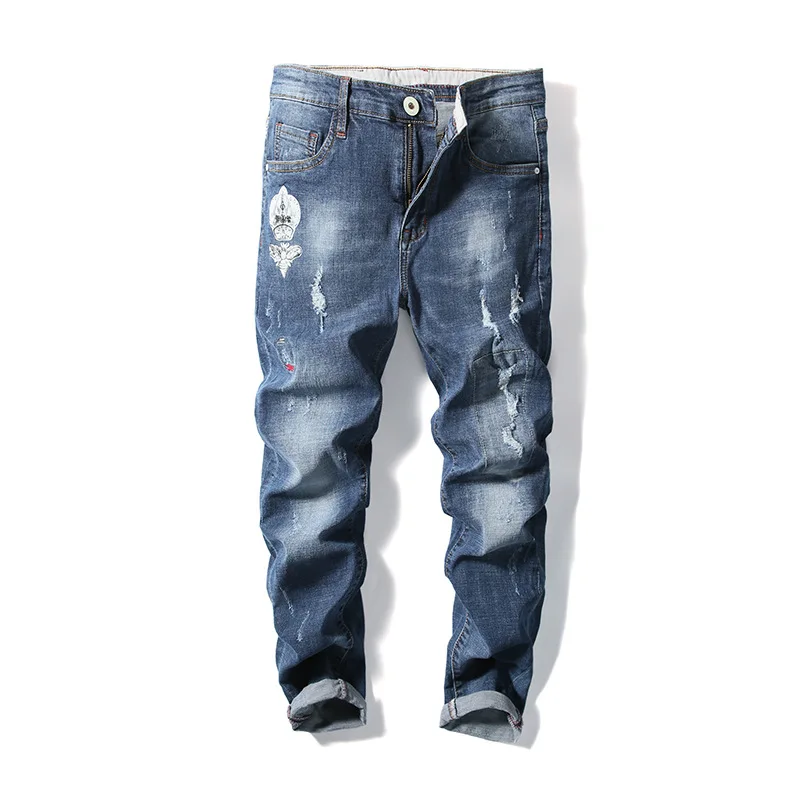 Men Jeans Stretch Skinny Embroidery Print Retro Bleached Casual Men
