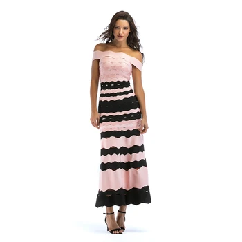 

2018 New Elegant Long Short Sleeve Pink Patchwork Bandage Dress Jacquard Backless Celebrity Party Vestidos Off The Shoulder Club