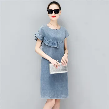 

Summer Women Denim Dress 2019 New Large Size Loose Thin Temperament Medium Long Wild Dress Round Neck Short Sleeve Dress JIA300