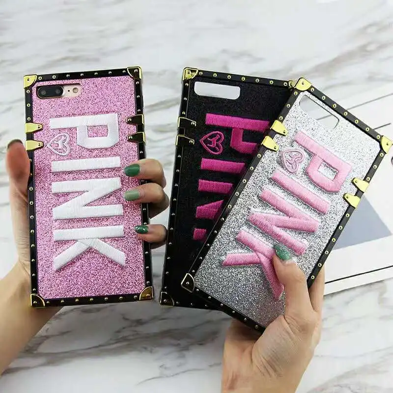 

Luxury Brand Victoria PINK Case For Iphone XS Max X XR Square Case For Iphone 7 8 Plus 6 S Bling Glitter Secret Back Phone Cover