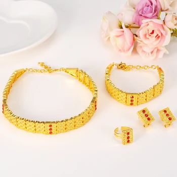 

gold ethnic necklace african chokers necklace bracelet earring ring sets crystal habesha bridal wedding jewelry party women gift