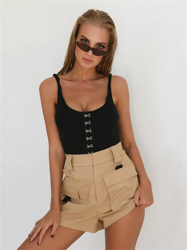 Лето 2019 г. для женщин шорты для Высокая талия эластичная застежка ремень карман твердые с пояса брюки карго черный женский повседневное