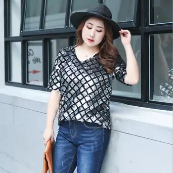 

Women's summer plus size sequined t-shirt lady's sexy black silver color casual shirt performance shirt xl~4xl TB112