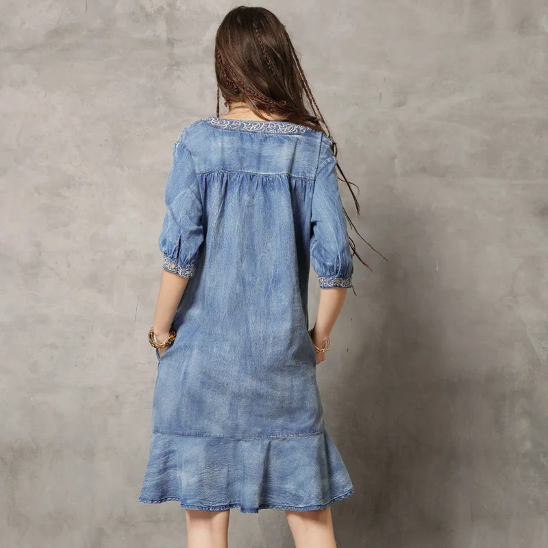 Summer Denim Dresses Women Retro Solid Color Embroidery Half Butterfly Sleeve Button Vintage Female Knee-Length Falbala Dresses Summer Denim Dresses Women Retro Solid Color Embroidery Half Butterfly Sleeve Button Vintage Female Knee-Length Falbala Dresses