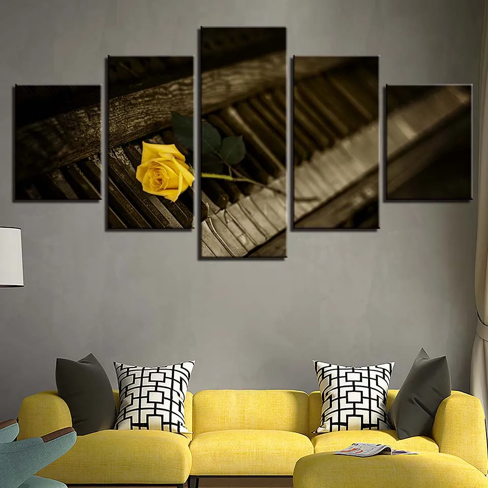

Modern Home Wall Art Decor Frame Pictures 5 Pieces Retro Wood Piano Yellow Rose Flower HD Printed Oil Painting On Canvas Posters
