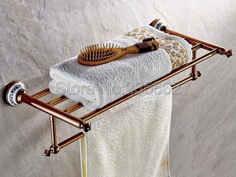 Rose Golden Brass Porcelain Base Wall Mounted Bathroom Towel Rack
