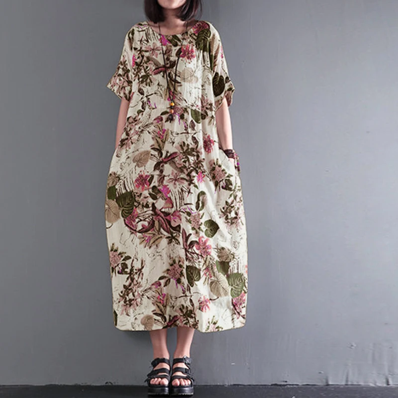 ZANZEA женское винтажное повседневное хлопковое льняное длинное платье с круглым вырезом и коротким рукавом летнее модное платье с цветочным принтом