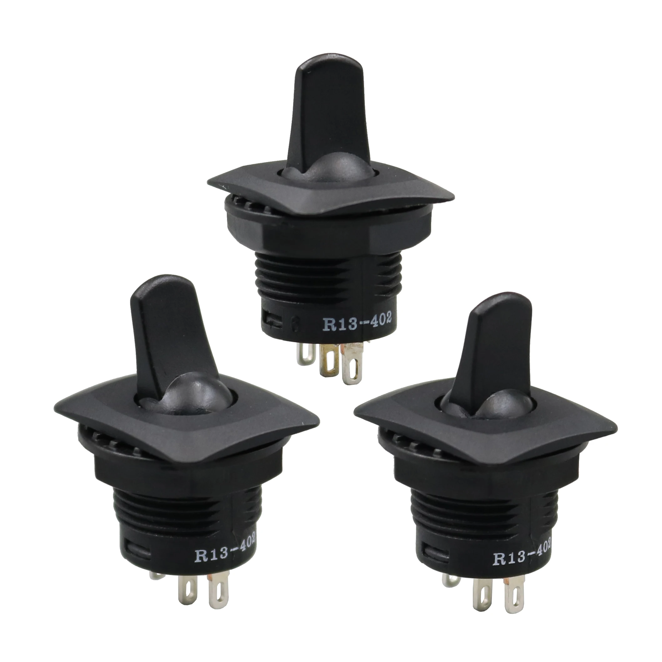 

Free shipping 10Pcs Black Round R13-402 ON-OFF-ON Maintained Toggle Switch 3Pin 3Position SPDT Panel Mount