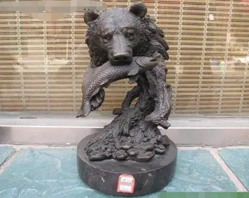 

10"Western pure Bronze Marble art Grizzlies bear eat fish decoration sculpture