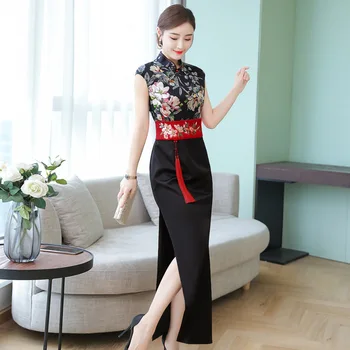

Chinese style dress 2020 summer retro sleeveless waist long section high split banquet cheongsam dress large size M-4XL vestidos