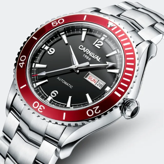 Карнавал Швейцария классический Дайвинг 50 м часы Автоматические самоветер Мужские механические часы лучший бренд класса люкс MIYOTA движение - Цвет: Silver red black