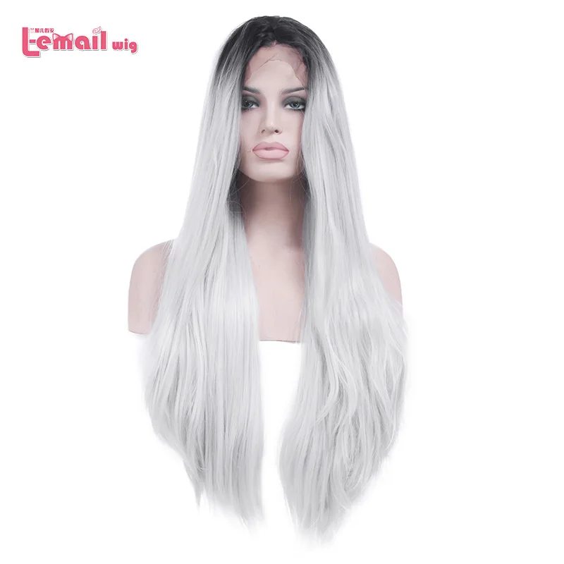 

L-email wig 60cm Long Straight Lace Front Wigs Mixed color Natural-looking and Soft Synthetic Peruca Wigs LC106