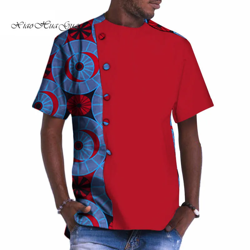 Bazin Riche африканская мужская одежда хлопок печать Лоскутная Кнопка Топ тройники африканская одежда Дашики Мужская Топ Футболка WYN535 - Цвет: 6