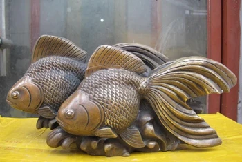 

6.5 Chinese Folk refined Copper Bronze Fengshui Lucky Two Goldfish Statue