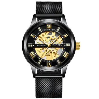 

FNGEEN Men's Watches Men Automatic Mechanical Clock Black Stainless Steel Male Wristwatch Hollow Waterproof Luminous Fashion a g