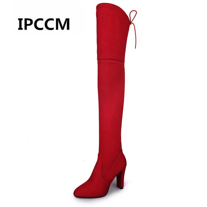 

IPCCM Brand 2018Autumn Winter Fshion Zipper Lacing Boots Long Tube Thick With Pointed Comfortable Over The Knee Boots Size 34-43
