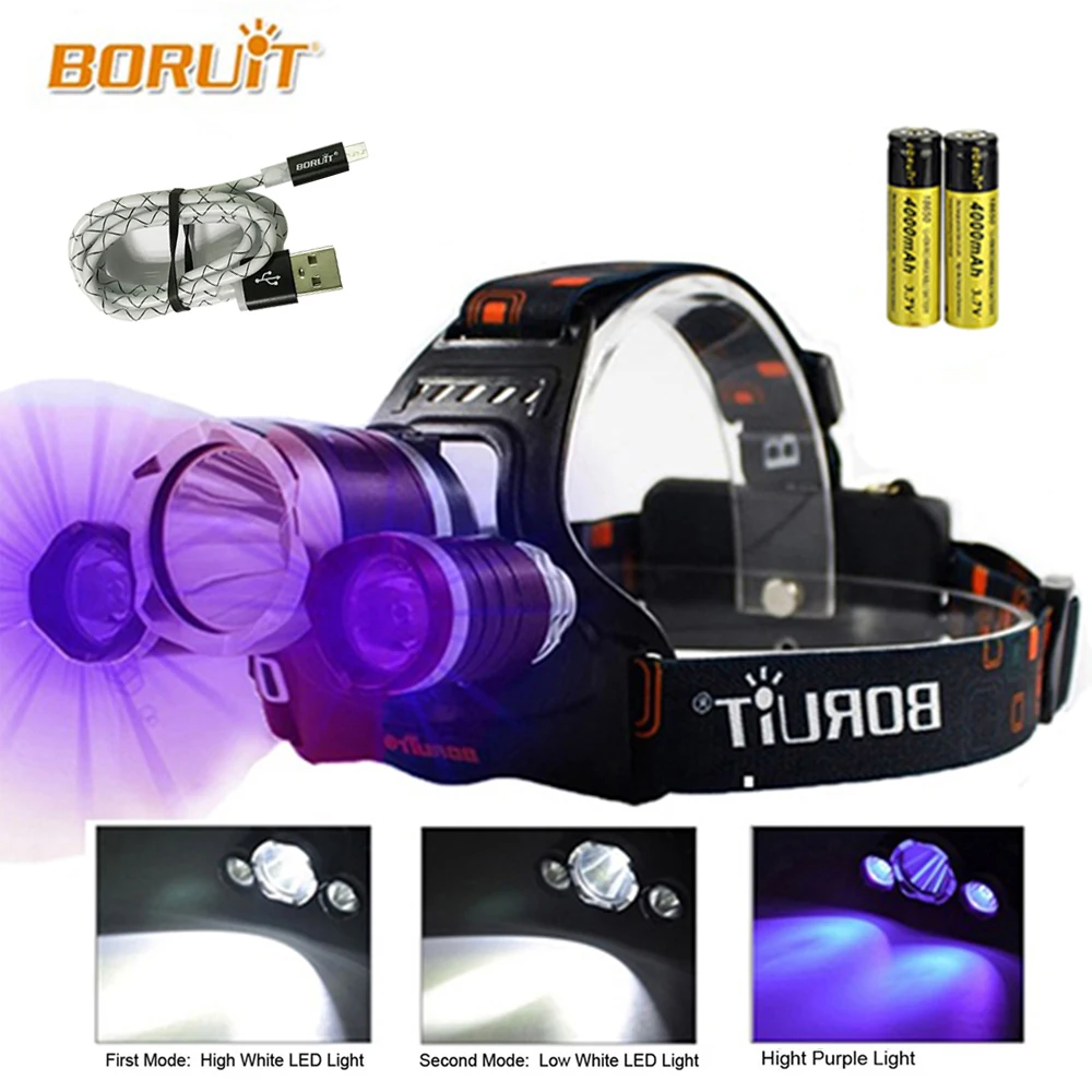 BORUIT UV 5000Lm T6 LED Headlight 3 Modes High Power Headlamp Purple Light For Fishing Hunting 18650 Battery Head Torch RJ-3000 BORUIT UV 5000Lm T6 LED Headlight 3 Modes High Power Headlamp Purple Light For Fishing Hunting 18650 Battery Head Torch RJ-3000