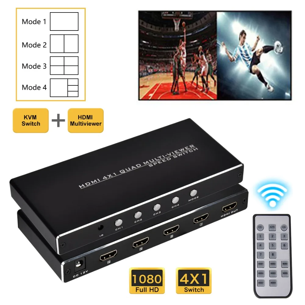 

HDMI 4x1 Quad MultiViewer 1080P 4 in 1 out 4 Modes with IR Remote for Game/Exhibition Hall/Education/Video Meeting etc