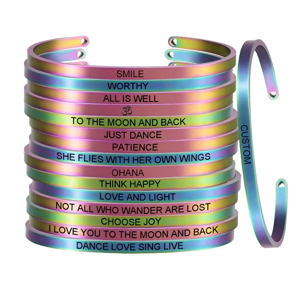 

New Rainbow Stainless Steel Bangle Personal Engraved Positive Inspirational Quote Cuff Mantra Bracelet Gift for Women SL-098